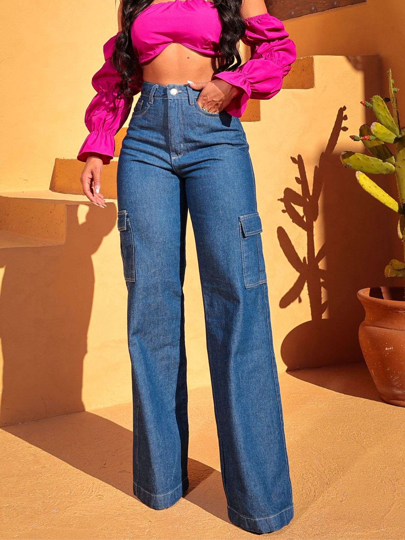 Calça Cargo Jeans Feminino Na cor Escura Moda Gringa Wide Leg Pantalona -  Star Boutique